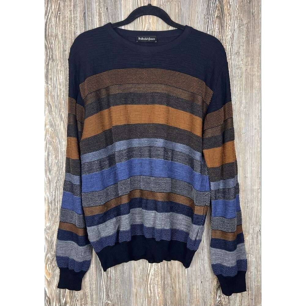 Bullock & Jones Striped Virgin Wool & Acrylic Sweater Size L Blue/Brown ITALY